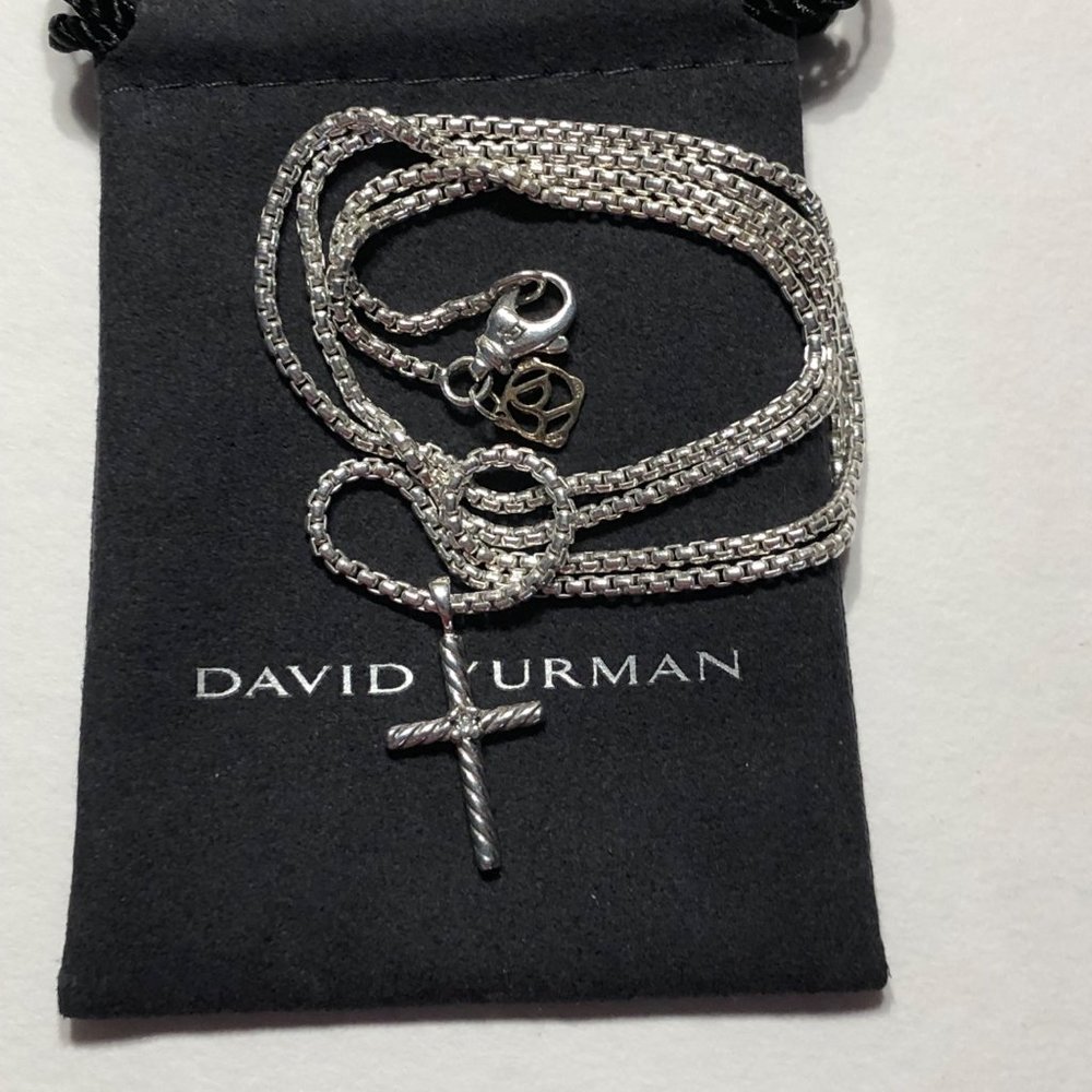 David Yurman SS Cable Classics Petite Cross With Diamond Necklace 22” L